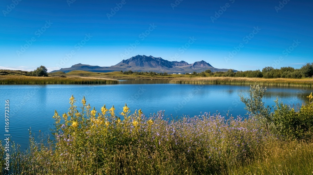 Beautiful landscape with mountain, lake and blue sky in Iceland with Stokksnes black mountains in background. summer season, vibrant colors, idyllic rural scenery, Stowarkos volcano in the backround, Beautiful landscape with mountain, lake and blue sky in Iceland with Stokksnes black mountains in background. summer season, vibrant colors, idyllic rural scenery, Stowarkos volcano in the backround,