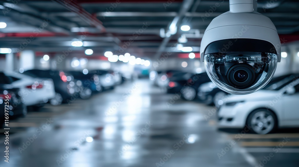 Fototapeta premium An advanced security camera is actively monitoring a parking garage, emphasizing its role in ensuring safety and enhancing surveillance in a secure environment.