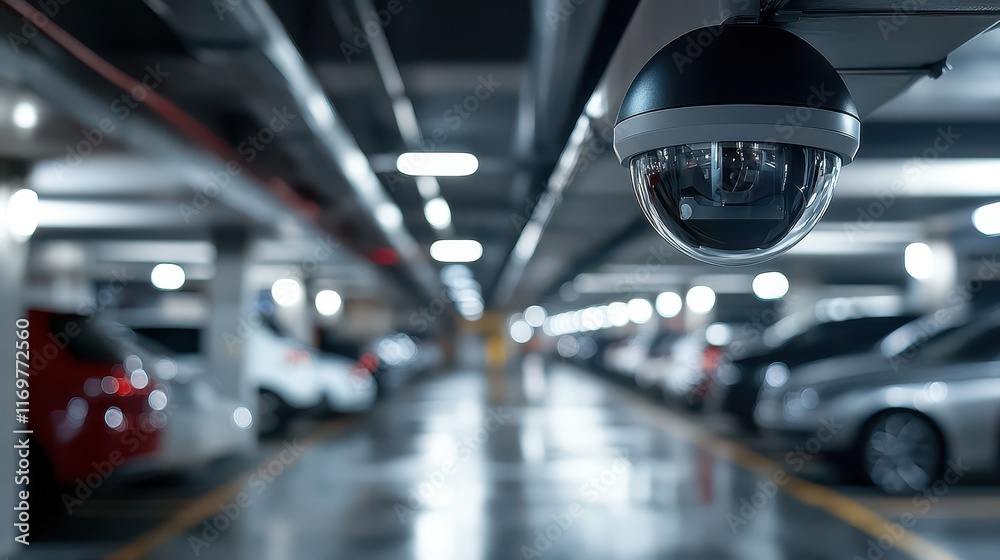 Obraz premium An advanced security camera is actively monitoring a parking garage, emphasizing its role in ensuring safety and enhancing surveillance in a secure environment.
