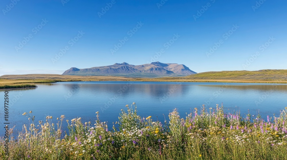 Obraz premium Beautiful landscape with mountain, lake and blue sky in Iceland with Stokksnes black mountains in background. summer season, vibrant colors, idyllic rural scenery, Stowarkos volcano in the backround, 