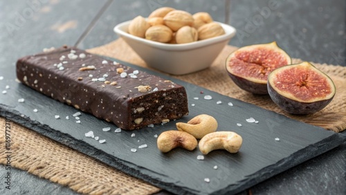 An elegant arrangement on a rustic slate board featuring a dark chocolatecoated protein bar speckled with bits of sea salt. Nearby a of creamy cashews and halves of sundried photo