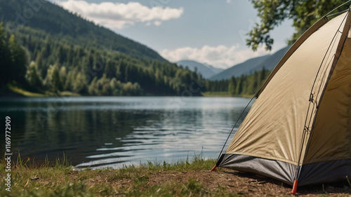 Campsite, camp, forest, lake, landscape, mountain
