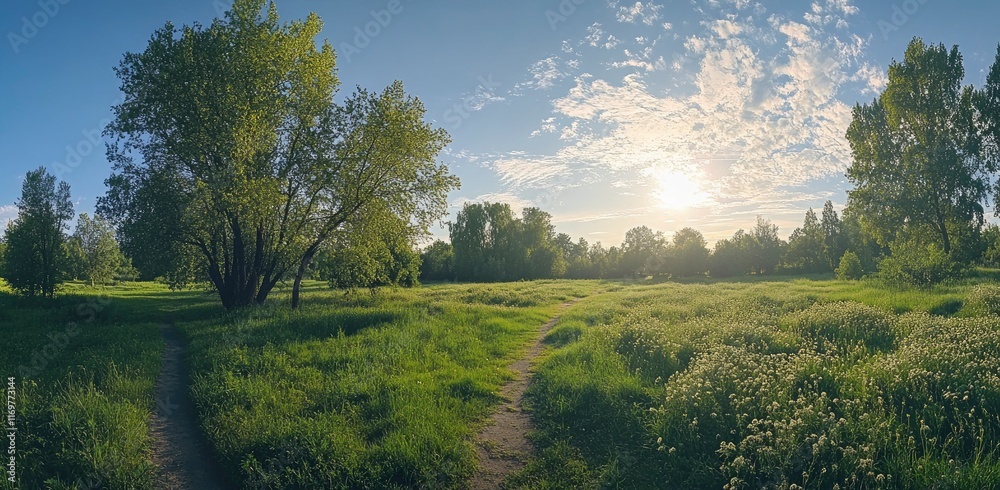 Beautiful summer landscape with a green meadow, trees, and a path under a blue sky on a sunny morning. Panoramic view of a natural scene on a field at sunrise. Spring background with copy space. HD Beautiful summer landscape with a green meadow, trees, and a path under a blue sky on a sunny morning. Panoramic view of a natural scene on a field at sunrise. Spring background with copy space. HD