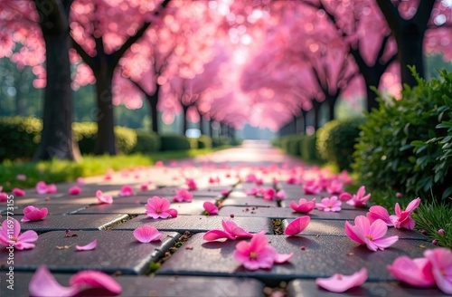 Pathway lined with cherry blossoms creates serene atmosphere in springtime garden photo