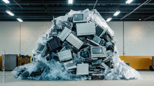 Piled Obsolete Electronics E-Waste in Warehouse Reflecting Environmental Impact, Conservation Awareness Concept photo