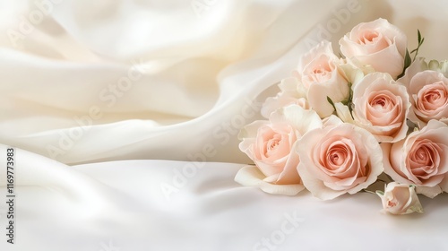 An elegant blank wedding invitation card adorned with a bouquet of pale pink roses, set against a soft, romantic background.