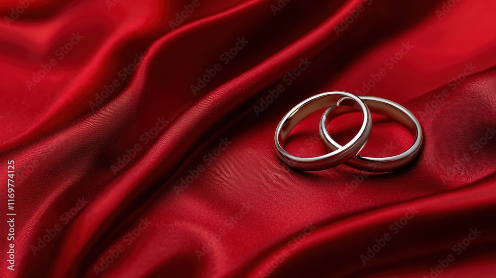 A Two intertwined rings on red fabric, symbolizing love and commitment, perfect for Valentine Day A Two intertwined rings on red fabric, symbolizing love and commitment, perfect for Valentine Day