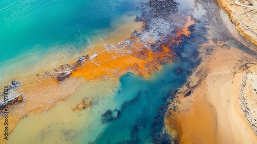 Aerial view of vibrant turquoise and orange ocean water meeting sandy beach.