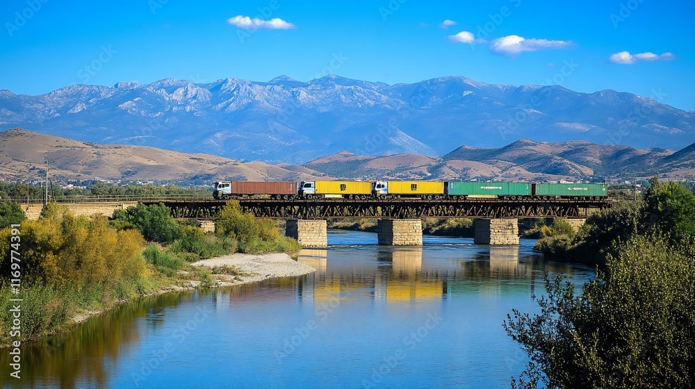 Fototapeta premium Freight train crossing river bridge against mountain backdrop.