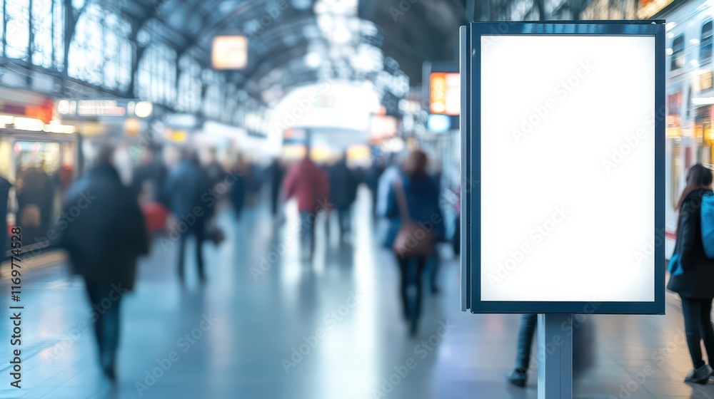 An empty blank billboard or advertising poster positioned in a bustling train station, surrounded by blurred figures of people moving in the background. An empty blank billboard or advertising poster positioned in a bustling train station, surrounded by blurred figures of people moving in the background.