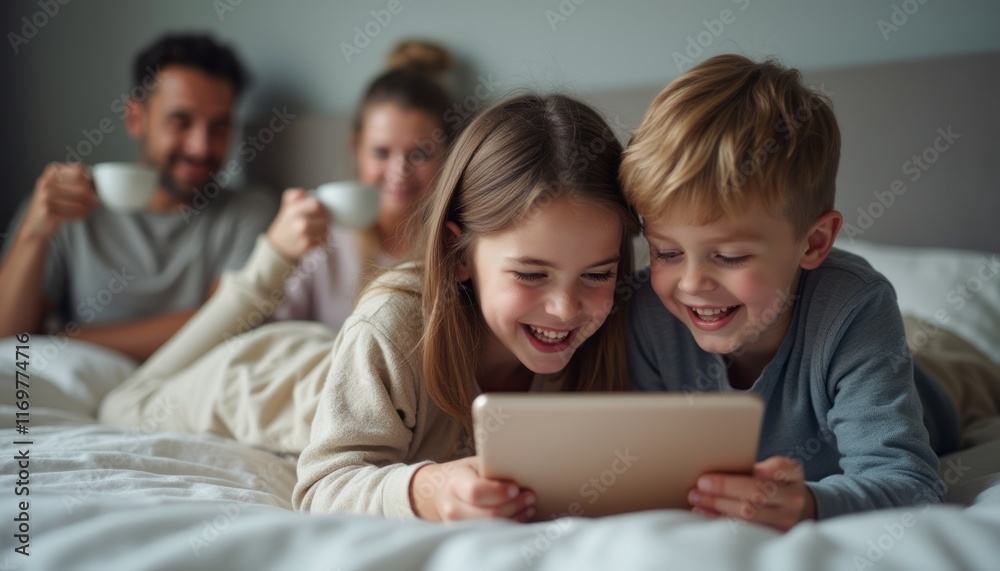 Two children, a girl and a boy, are lying on a cozy bed, engrossed in a tablet, their faces lit up with joy. In the background, their parents enjoy a warm cup of coffee, creating a heartwarming family Two children, a girl and a boy, are lying on a cozy bed, engrossed in a tablet, their faces lit up with joy. In the background, their parents enjoy a warm cup of coffee, creating a heartwarming family