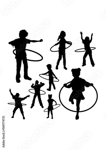 Kid playing hula hoop silhouettes