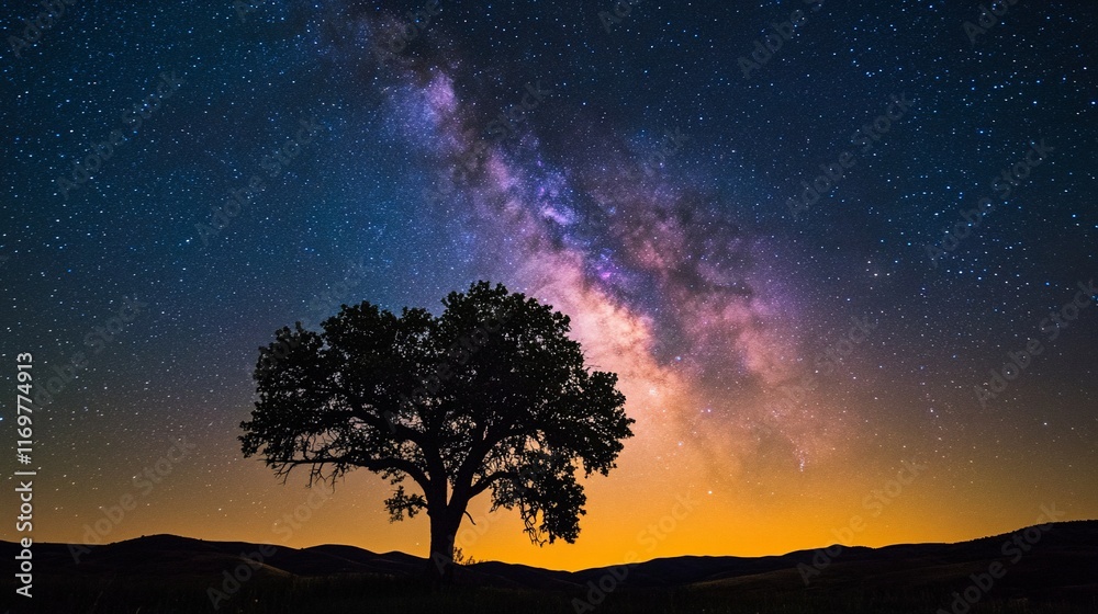 Fototapeta premium Lone tree silhouetted against a vibrant Milky Way galaxy at sunset.