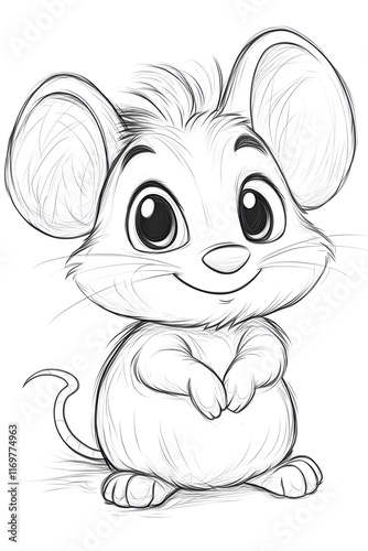 Charming Cartoon Mouse Character with Big Eyes and Playful Expression in a Sketch Style drawing and coloring page for printable