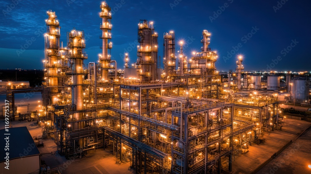 Fototapeta premium Illuminated petrochemical plant at night. (1)