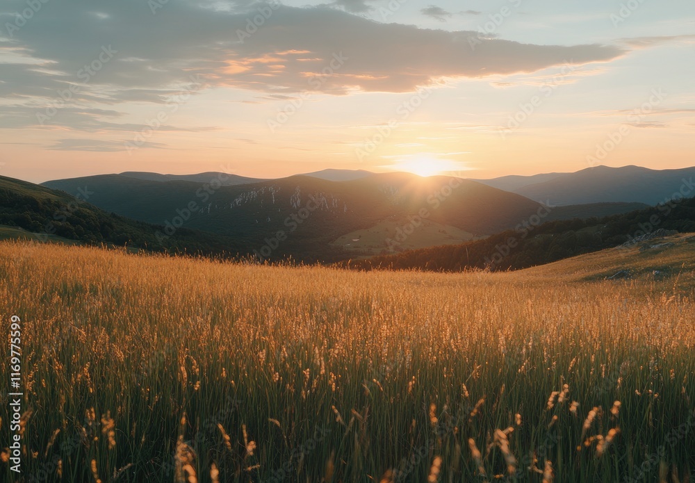 Beautiful summer landscape with green grass on the mountain top at sunset. Mountain range in the background, blue sky and clouds. Beautiful nature scene with sunlight. Beauty of the natural world. Beautiful summer landscape with green grass on the mountain top at sunset. Mountain range in the background, blue sky and clouds. Beautiful nature scene with sunlight. Beauty of the natural world.
