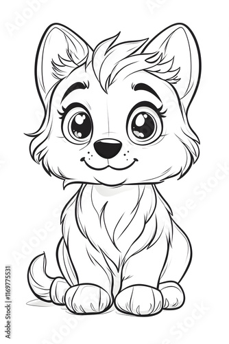 Adorable Cartoon Dog Character with Big Eyes and Fluffy Fur Sitting Cheerfully for Coloring drawing and coloring page for printable