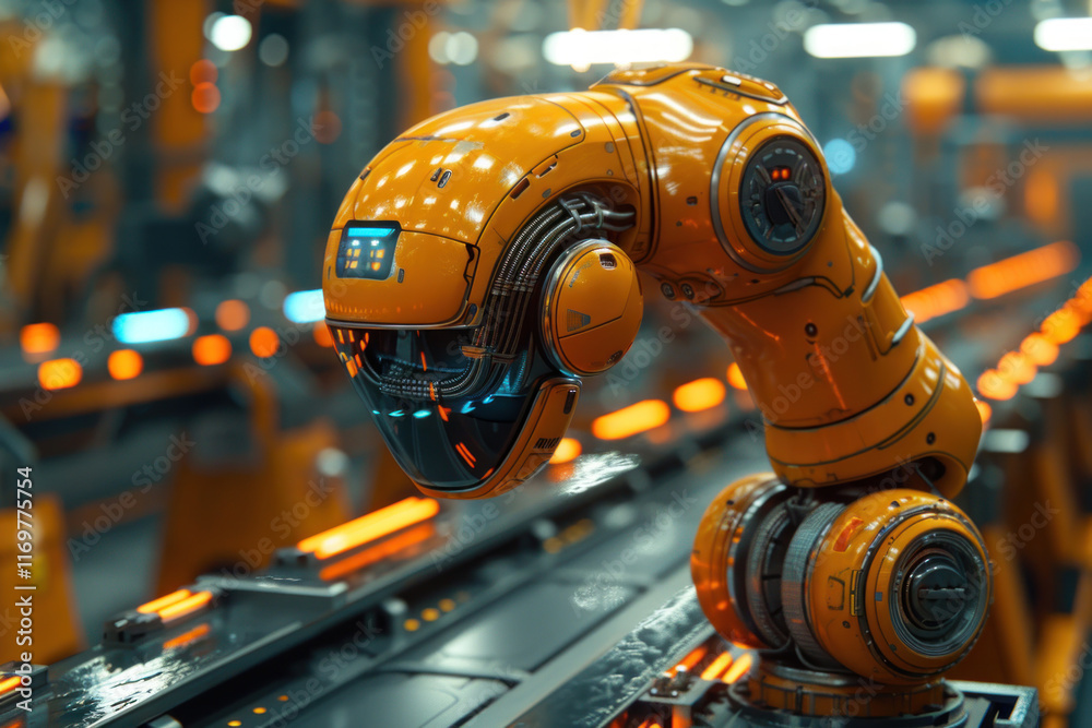 yellow industrial robot installed on a conveyor line inside a factory or workshop. The robot is equipped with sensors and actuators designed to perform precise operations. yellow industrial robot installed on a conveyor line inside a factory or workshop. The robot is equipped with sensors and actuators designed to perform precise operations.