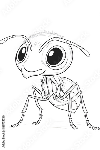 Cute Cartoon Illustration of an Ant with Big Eyes and Playful Expression in Black and White drawing and coloring page for printable