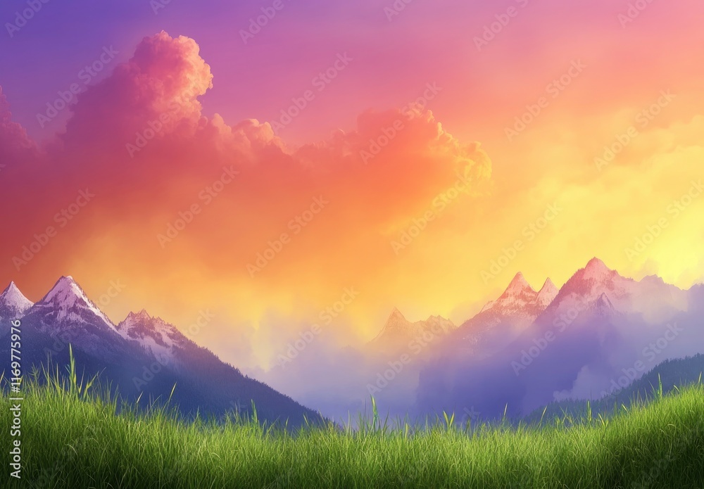 Obraz premium Beautiful summer landscape with green grass on the mountain top at sunset. Mountain range in the background, blue sky and clouds. Beautiful nature scene with sunlight. Beauty of the natural world. hig
