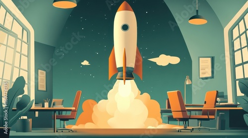 An image depicting a rocket launching from an office environment, symbolizing the dynamic and ambitious nature of a startup business. photo