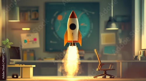 An image depicting a rocket launching from an office environment, symbolizing the dynamic and ambitious nature of a startup business. photo