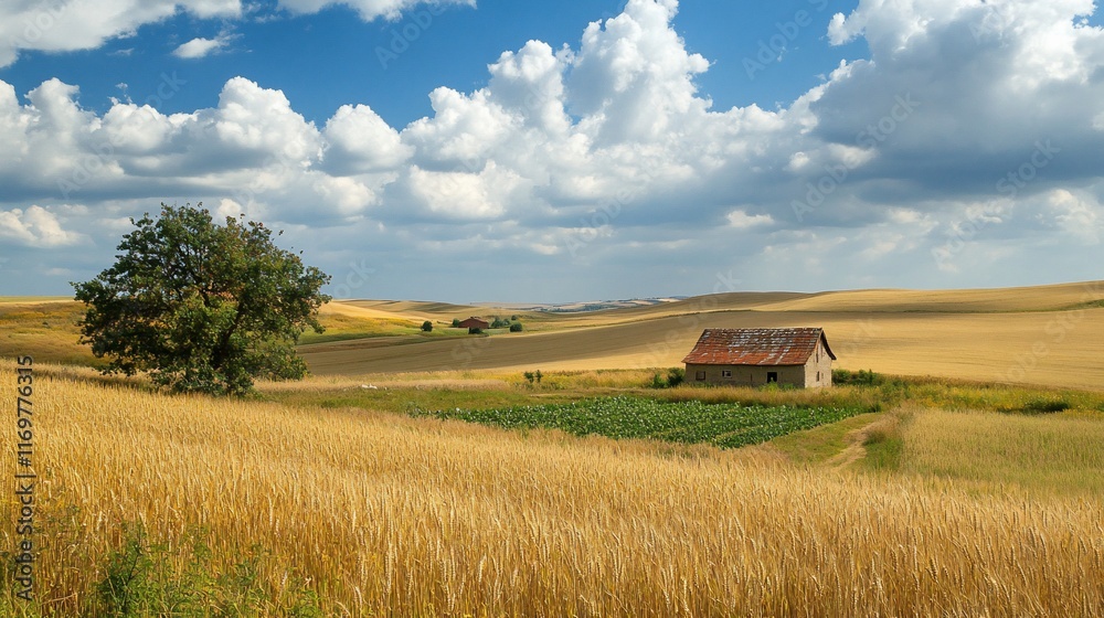 Rustic barn in golden wheat field under a vibrant summer sky. Rustic barn in golden wheat field under a vibrant summer sky.