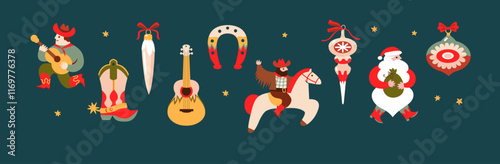 Christmas toys. Wild west. Vintage ornaments. Vector illustration for card, poster, season decor, stickers