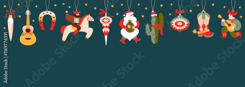 Christmas toys. Wild west Vintage ornaments. Vector illustration for card, poster, season decor, stickers
