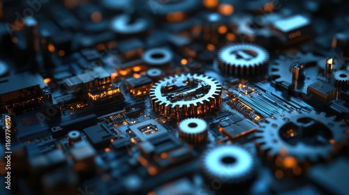 An image depicting gears and cogs transitioning into digital circuits, symbolizing the transformative impact of the technological revolution. photo