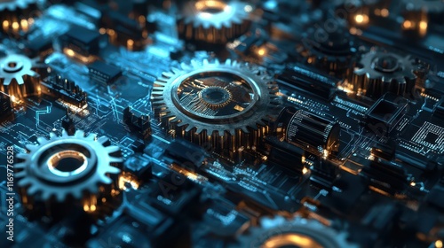 An image depicting gears and cogs transitioning into digital circuits, symbolizing the transformative impact of the technological revolution. photo