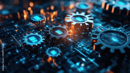 An image depicting gears and cogs transitioning into digital circuits, symbolizing the transformative impact of the technological revolution. photo