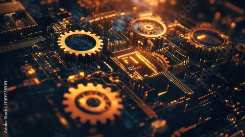 An image depicting gears and cogs transitioning into digital circuits, symbolizing the transformative impact of the technological revolution. photo