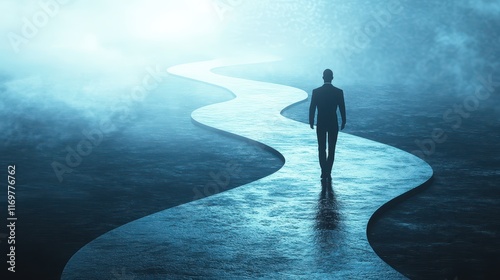 An image depicting selective new career recruitment with a business person walking along a career path, symbolizing the journey of choosing the right direction for success. photo