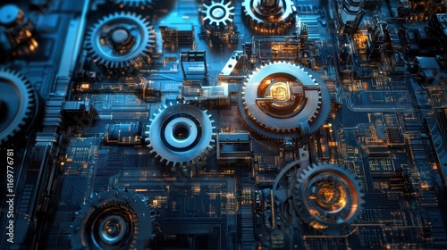 An image depicting gears and cogs transitioning into digital circuits, symbolizing the transformative impact of the technological revolution. photo