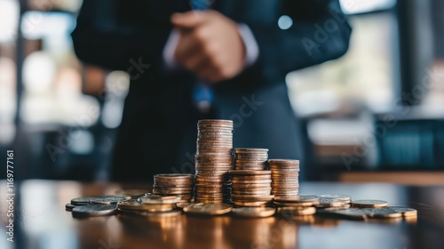 An image featuring a leader businessman standing near a pile of coins, representing profit and savings for future investments. photo