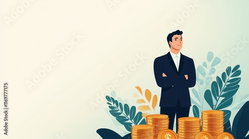 An image featuring a leader businessman standing near a pile of coins, representing profit and savings for future investments. photo