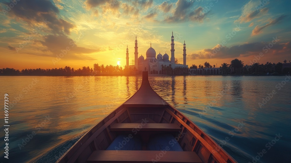 Naklejka premium Beautiful view of emulation at sunset with reflection on water and historical mosque in background. taking photos from the boat that you can see both me as well as an empty space around my body.