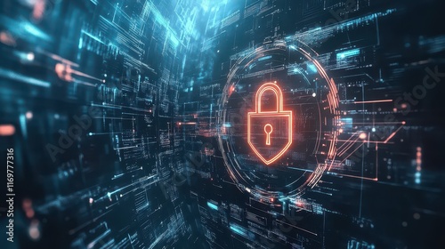 An image featuring a padlock and shield on a virtual screen interface, representing cybersecurity and digital data protection.