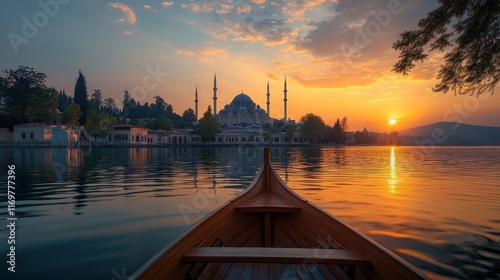 Beautiful view of emulation at sunset with reflection on water and historical mosque in background. taking photos from the boat that you can see both me as well as an empty space around my body. photo