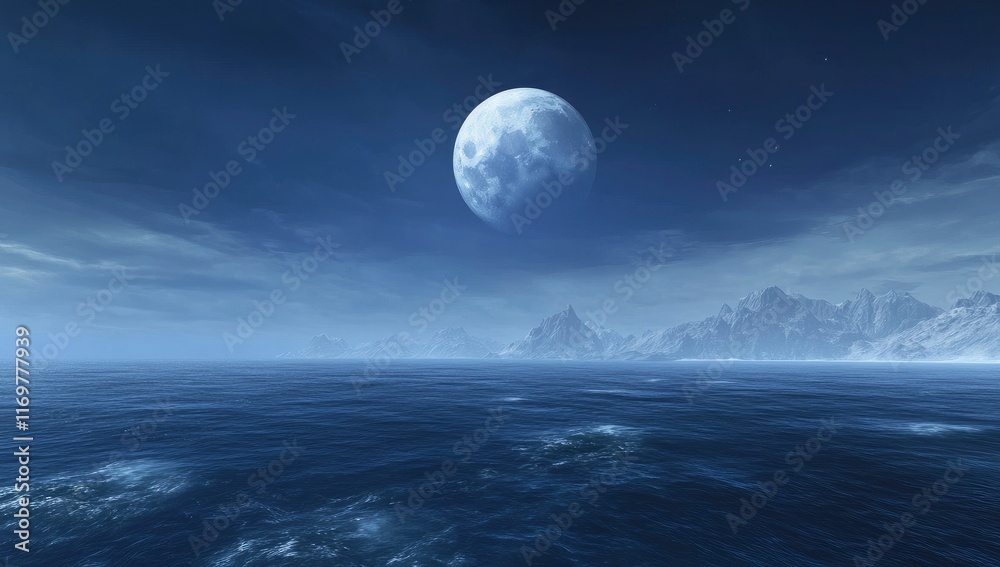 Fototapeta premium Blue moon over the ocean with clouds, dark blue sky, fantasy background, fantasy landscape, fantasy illustration, fantasy art style, high resolution, hyper-realistic, high definition, high quality
