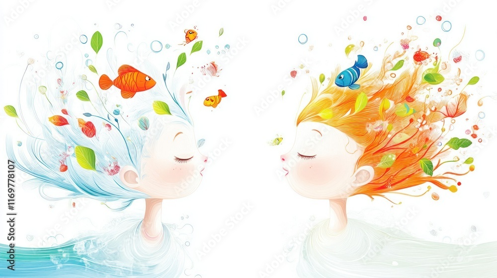 Two whimsical children with colorful hair and aquatic elements, representing nature and harmony. Two whimsical children with colorful hair and aquatic elements, representing nature and harmony.