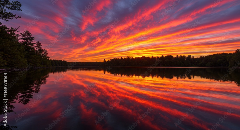 Obraz premium Spectacular sunset reflection over tranquil lake surrounded by pine forest