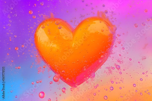 Vibrant orange heart with bubbles, love and energy. Abstract orange heart with floating bubbles on a colorful background. Colorful heart with light reflections and bubbles.