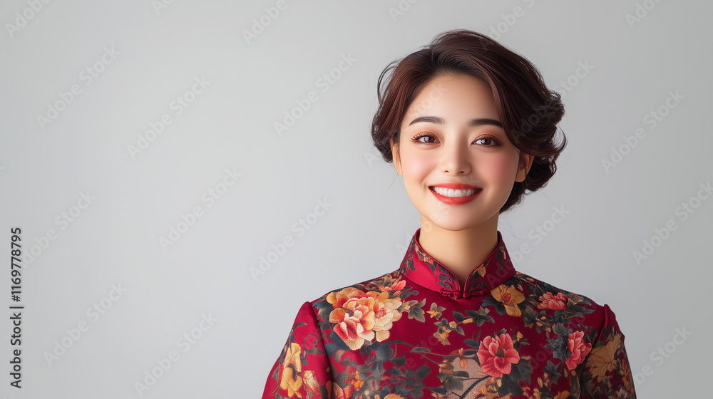 smiling Chinese woman in floral dress poses against neutral background, radiating joy and elegance. smiling Chinese woman in floral dress poses against neutral background, radiating joy and elegance.