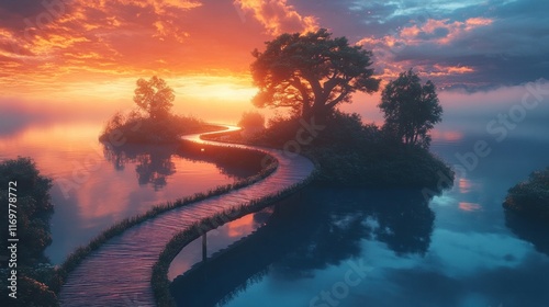 Breathtaking sunset landscape with vibrant glowing reflections on a peaceful lake  A winding path leads through a tranquil forest inviting the viewer on a journey of solace and wonder