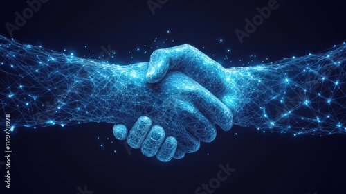 An image of a handshake combined with technology network elements, illustrating data exchanges and customer connections within a social network concept. photo