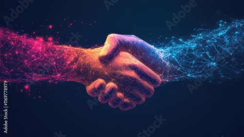 An image of a handshake combined with technology network elements, illustrating data exchanges and customer connections within a social network concept. photo