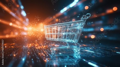 An image of a shopping cart seamlessly moving with digital data flowing around it, representing the integration of e-commerce and online shopping. photo