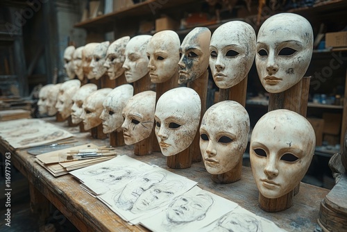  Venice carnival art studio with handcrafted masks and sketches on wooden table, capturing timeless tradition photo